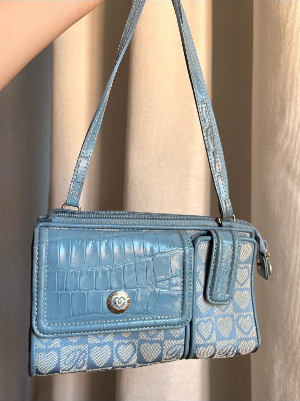 Brighton Vintage Blue Croc Embossed Leather Heart Monogram Baguette Shoulder Bag